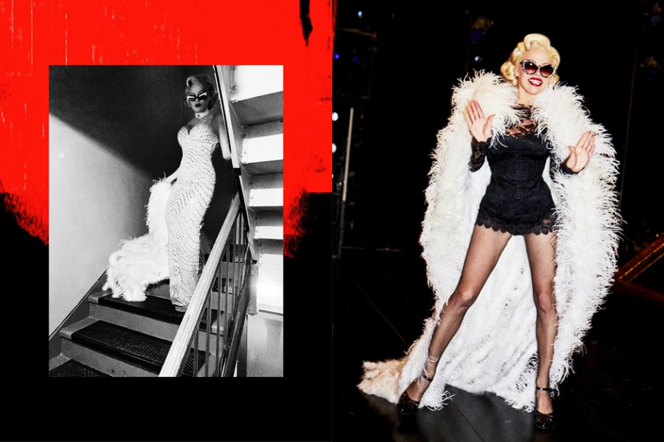 Two images of a woman with blonde hair, sunglasses and formal wear; one in a black and white stairwell, one in color on a stage.