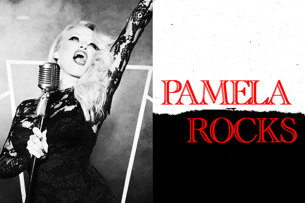 Monochrome image of a blonde woman singing into a vintage microphone in a lace dress, set against a backdrop with red text reading 'Pamela Rocks'.