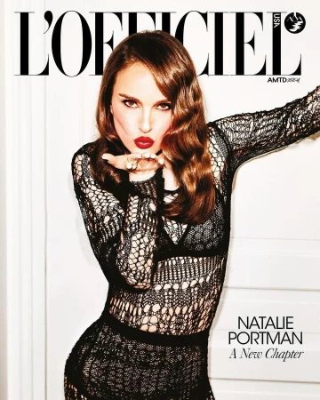 Magazine cover featuring Natalie Portman blowing a kiss, wearing a black lace dress and bold red lipstick, against a white background.