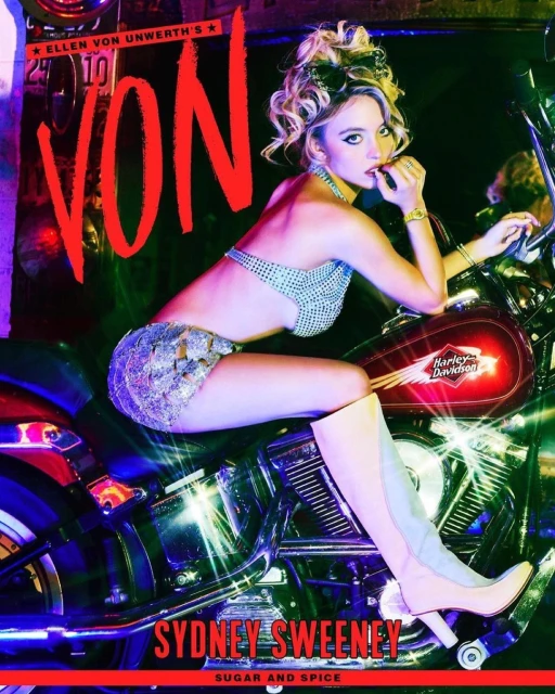 Sydney Sweeney poses on a Harley-Davidson motorcycle in a glittery outfit and cream-colored boots in a vibrant, stylized image.
