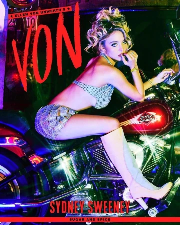 Sydney Sweeney poses on a Harley-Davidson motorcycle in a glittery outfit and cream-colored boots in a vibrant, stylized image.