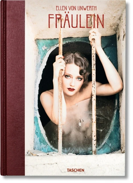 Book cover of Ellen von Unwerth's 'Fräulein' featuring a vintage-style portrait of a woman behind bars, in front of a textured wall.