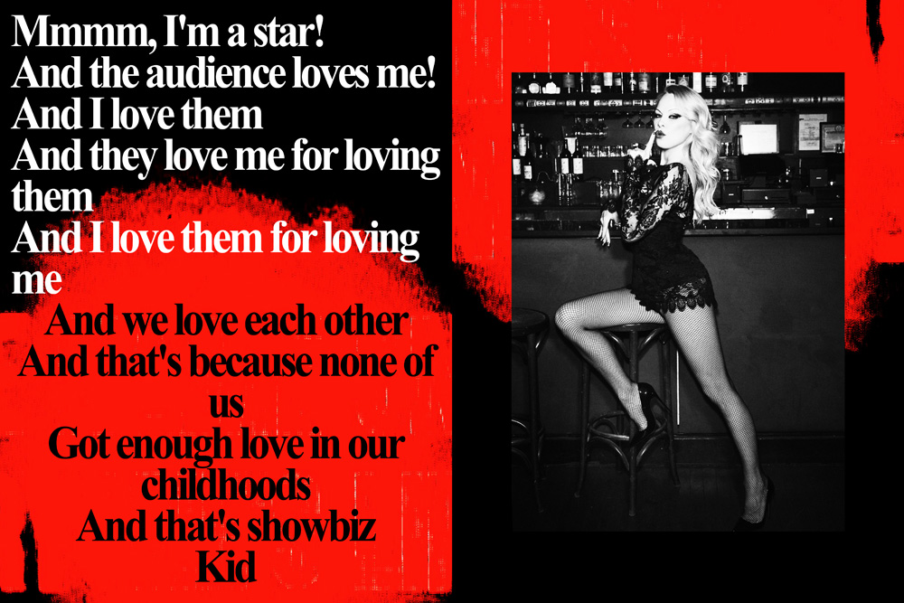 Blonde woman in black lace dress and fishnets poses seductively at a bar; red and black background with white text overlay.
