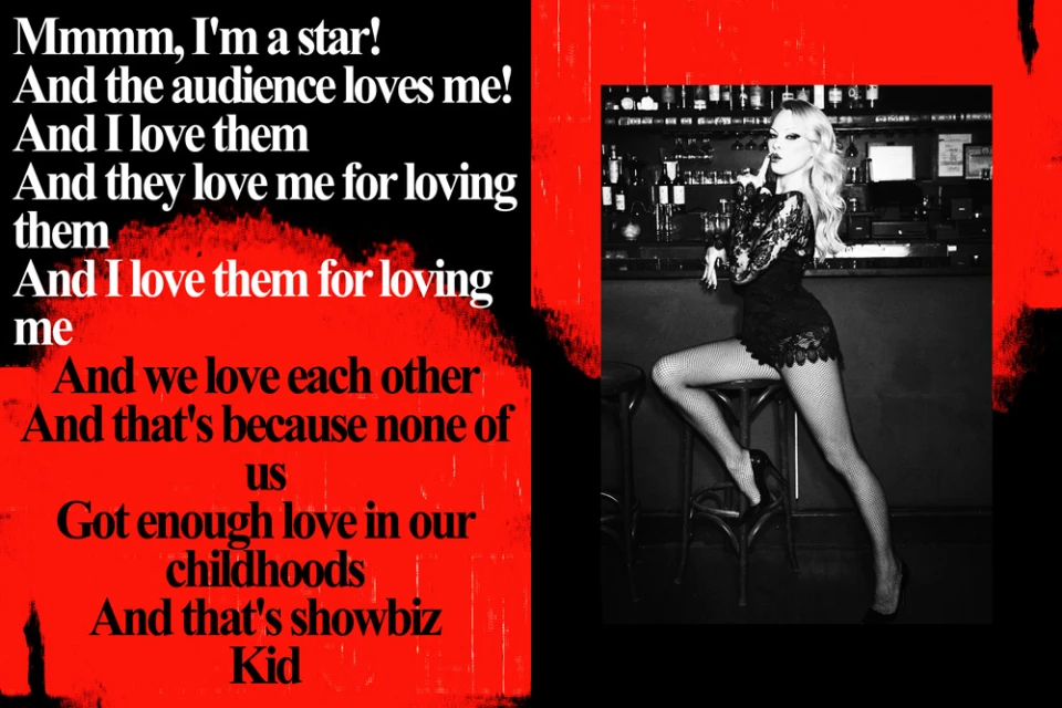 Blonde woman in black lace dress and fishnets poses seductively at a bar; red and black background with white text overlay.