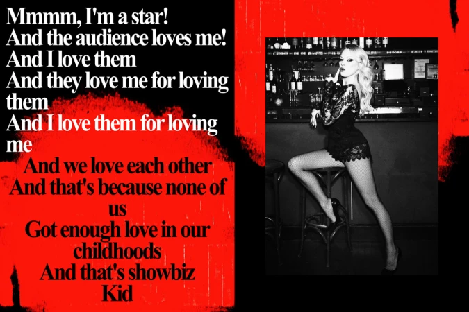 Blonde woman in black lace dress and fishnets poses seductively at a bar; red and black background with white text overlay.