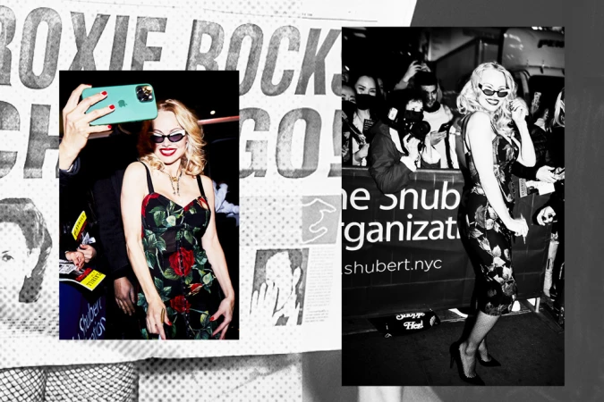 Collage of two images featuring a blonde woman in a floral dress and sunglasses, photographed by Ellen Von Unwerth.