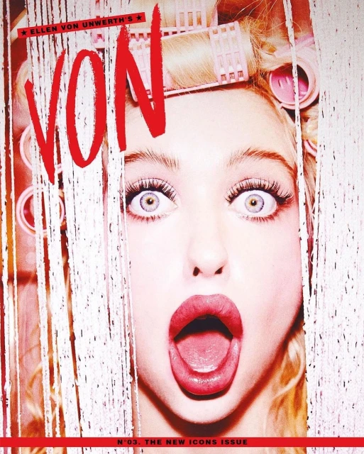 Magazine cover featuring a woman with curlers in her hair, staring wide-eyed with her mouth open in a close-up shot, title text 'VON'.