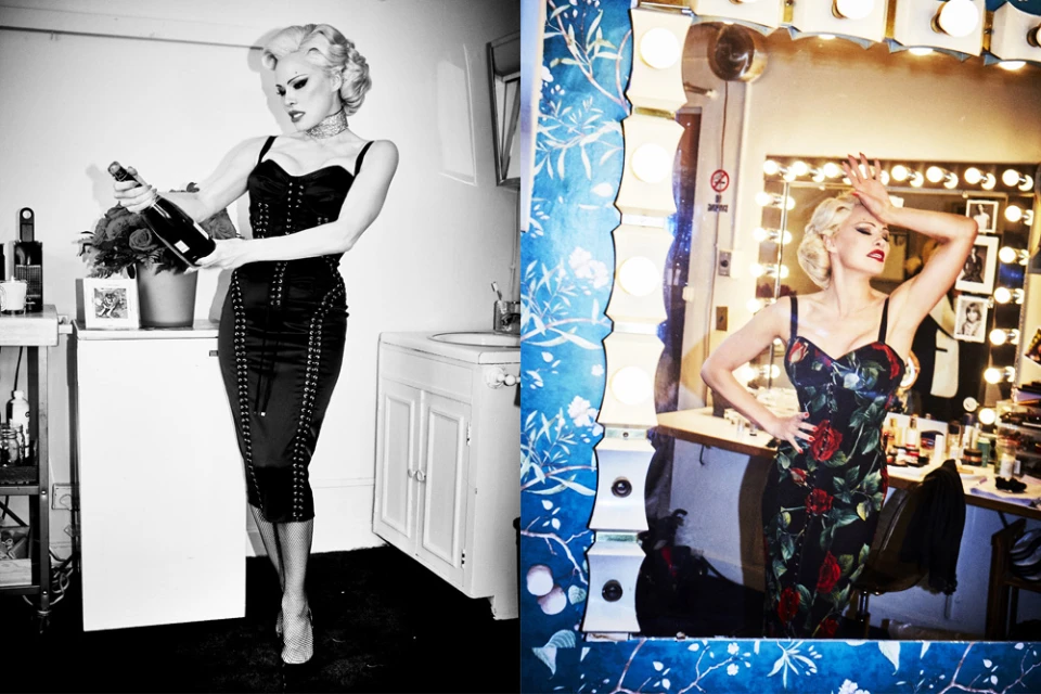 Blonde woman in black dress poses with champagne, next to a woman getting ready in a mirror, both in retro beauty styling.