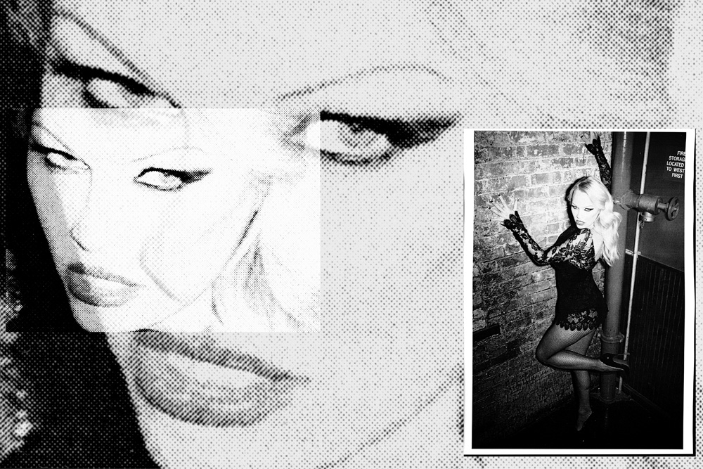 Monochrome portrait of a woman in a lace dress posing in front of a brick wall, with a halftone face graphic overlay.