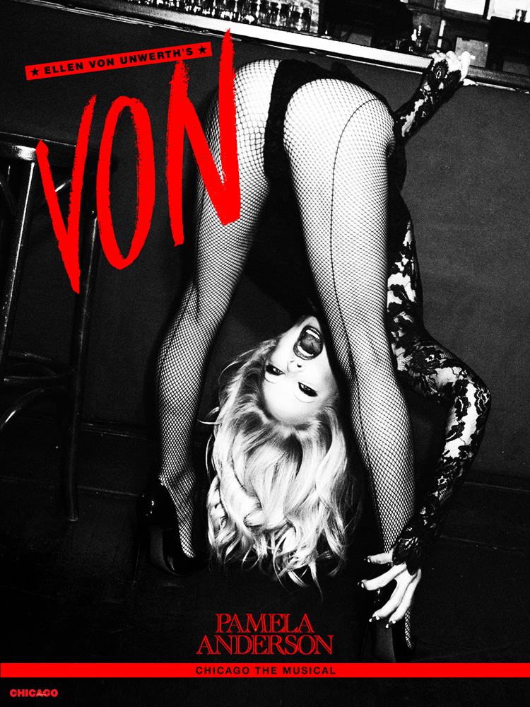 Pamela Anderson in fishnet stockings and high heels poses upside down for a 'Chicago the Musical' promotional poster, red text.