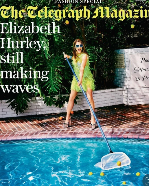 Elizabeth Hurley on The Telegraph Magazine cover wearing green dress cleaning pool with lemons, accessorized with heels and sunglasses.