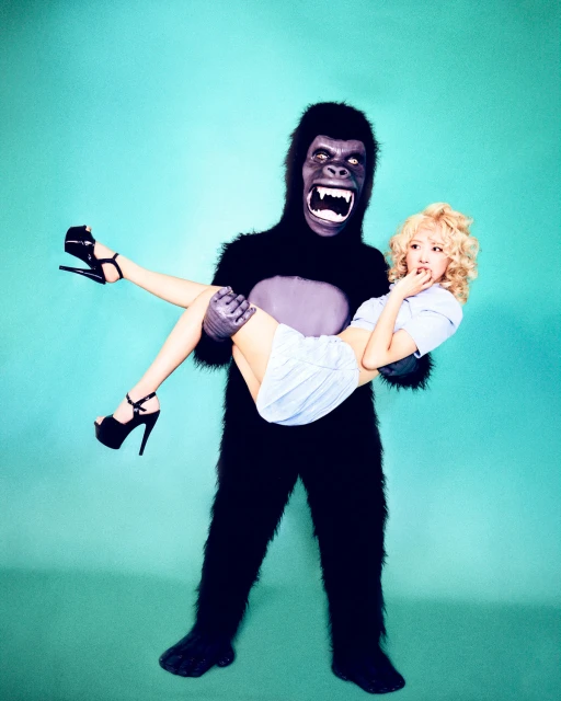 Woman in a light blue dress being held in the arms of a person wearing a gorilla costume against a blue gradient background.