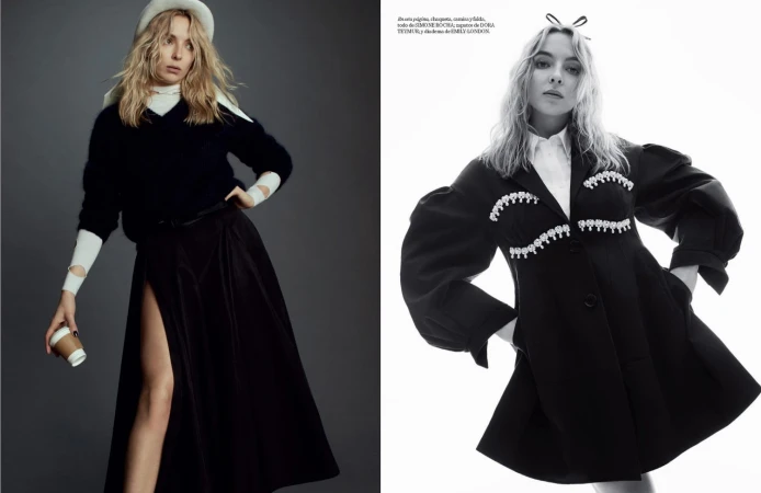 Jodie Comer in a black sweater and skirt holding a coffee cup, and in a black embellished coat.