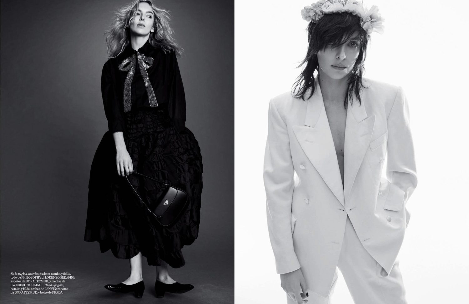 Monochrome fashion shot of two women, one in a black gown holding a Prada handbag, the other in a white suit with a floral headpiece.