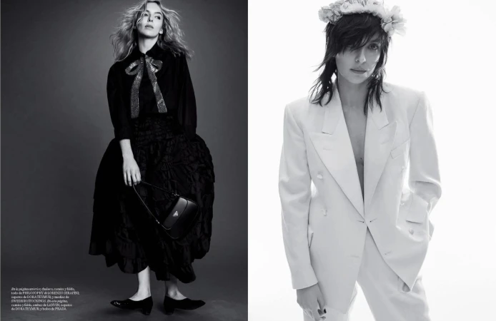 Monochrome fashion shot of two women, one in a black gown holding a Prada handbag, the other in a white suit with a floral headpiece.