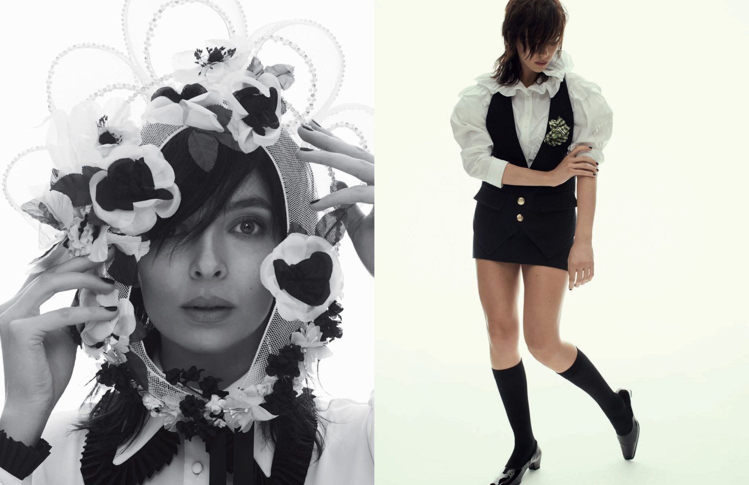 Two elegant women pose in a split-screen composition, showcasing high fashion. One wears a floral headpiece, the other a chic skirt suit.