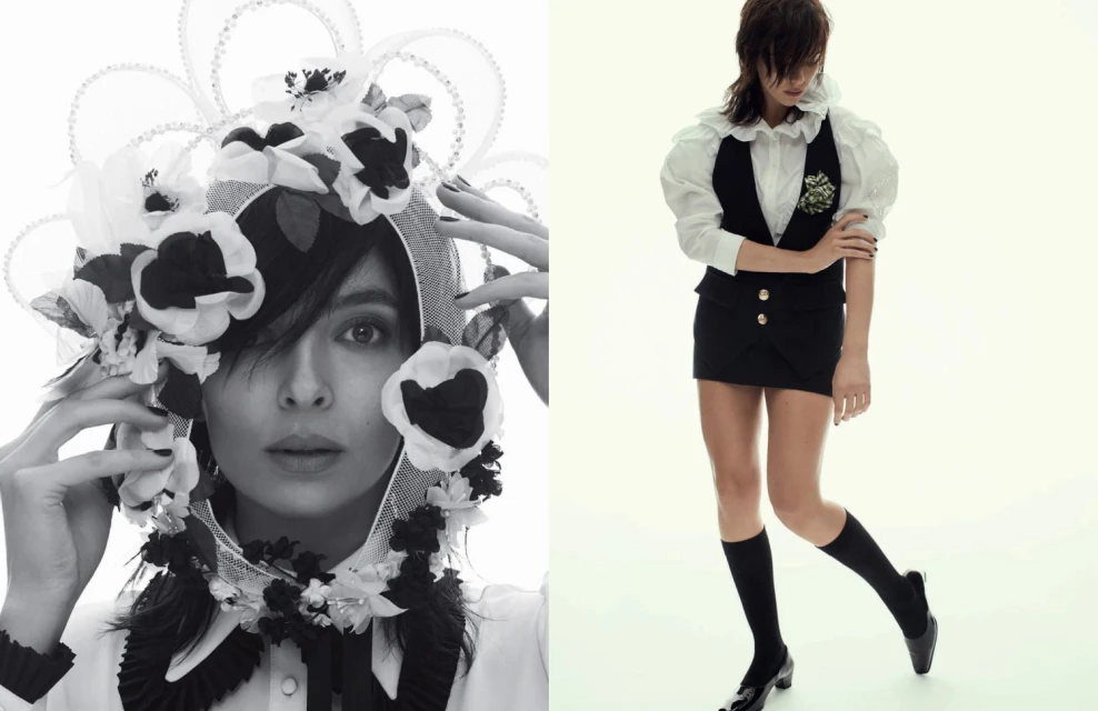 Two elegant women pose in a split-screen composition, showcasing high fashion. One wears a floral headpiece, the other a chic skirt suit.