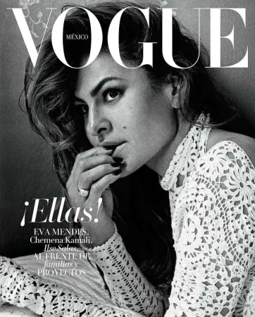 Vogue Mexico cover featuring Eva Mendes in a monochrome portrait. She's wearing a white lace top with a floral background and black manicure.