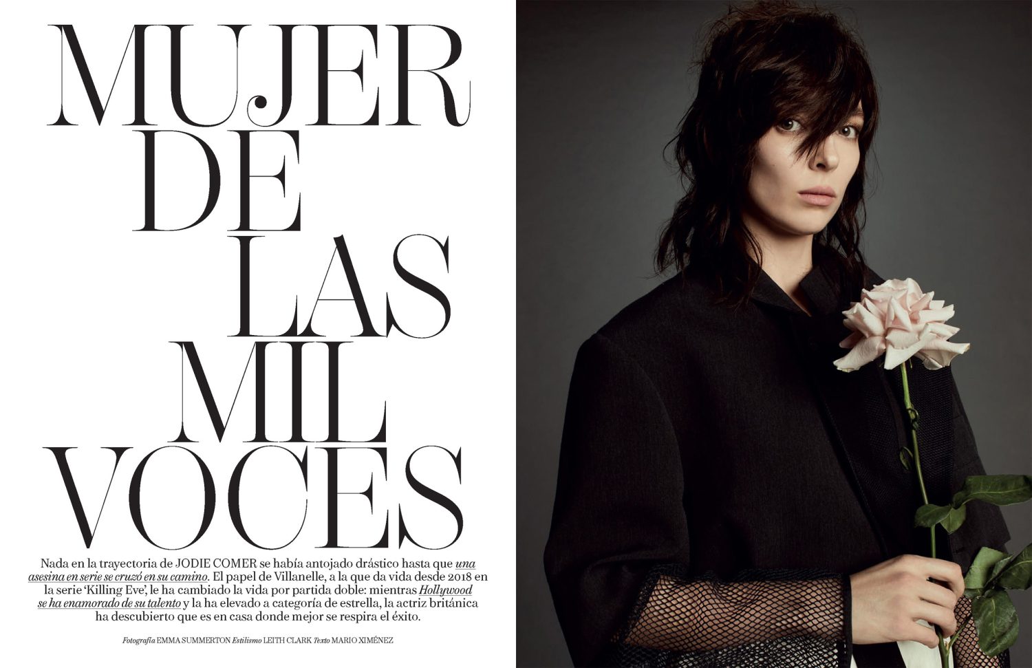 Fashion editorial portrait of a brunette woman in a black jacket holding a pale pink rose against a grey background with text overlay.