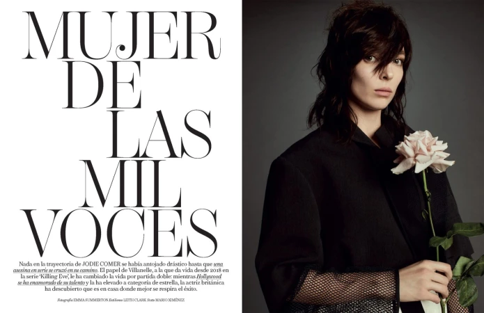 Fashion editorial portrait of a brunette woman in a black jacket holding a pale pink rose against a grey background with text overlay.