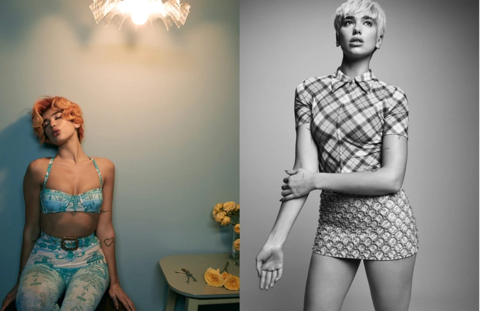 Two portrait photos show a model with orange hair wearing a blue bikini top and patterned pants and a model in a black and white photo.