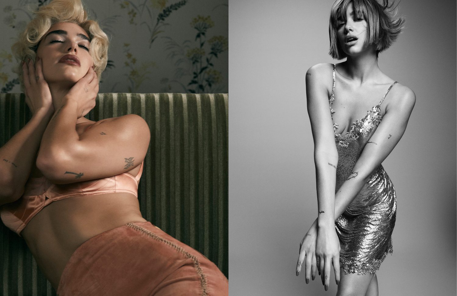 Two studio portraits showcase a woman with blonde hair and tattoos wearing a peach outfit and another in a silver dress against a grey backdrop.