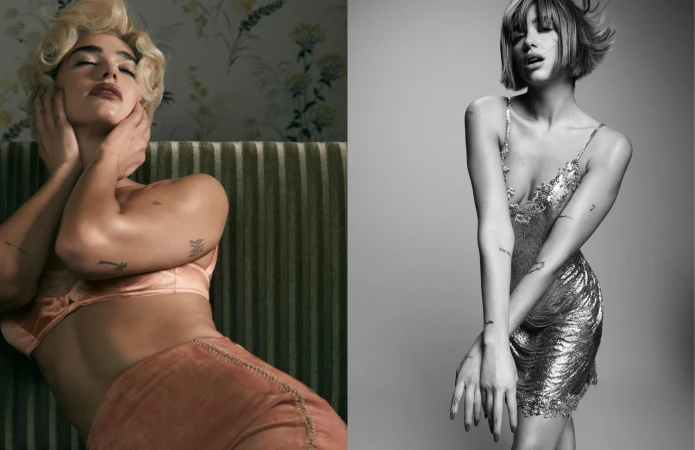 Two studio portraits showcase a woman with blonde hair and tattoos wearing a peach outfit and another in a silver dress against a grey backdrop.