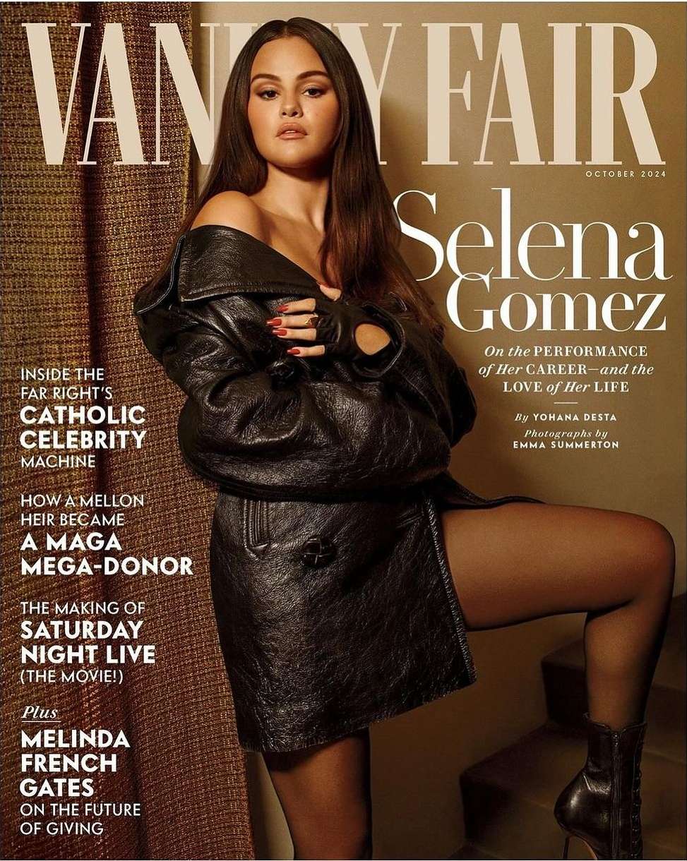 Magazine cover featuring Selena Gomez in a black leather jacket, showcasing fashion and celebrity culture, with a vintage aesthetic and editorial style.