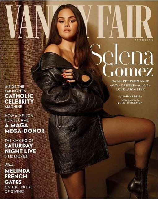 Magazine cover featuring Selena Gomez in a black leather jacket, showcasing fashion and celebrity culture, with a vintage aesthetic and editorial style.