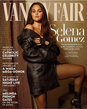 Magazine cover featuring Selena Gomez in a black leather jacket, showcasing fashion and celebrity culture, with a vintage aesthetic and editorial style.