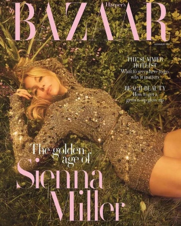 Sienna Miller lying in a garden wearing a gold sequin hooded mini dress on a magazine cover shot by Emma Summerton