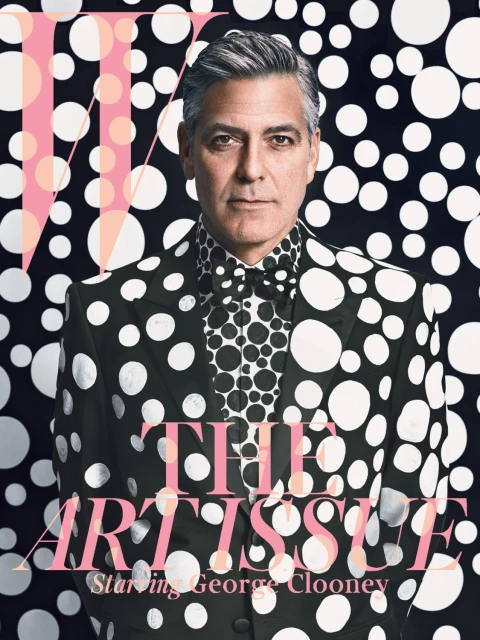 George Clooney wears polka dot suit on a magazine cover. Text reads 'The Artiste, Starring George Clooney' against spotted backdrop.