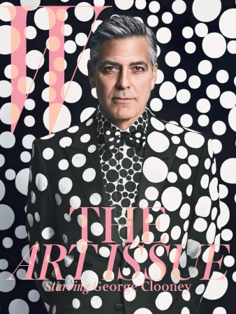 George Clooney wears polka dot suit on a magazine cover. Text reads 'The Artiste, Starring George Clooney' against spotted backdrop.