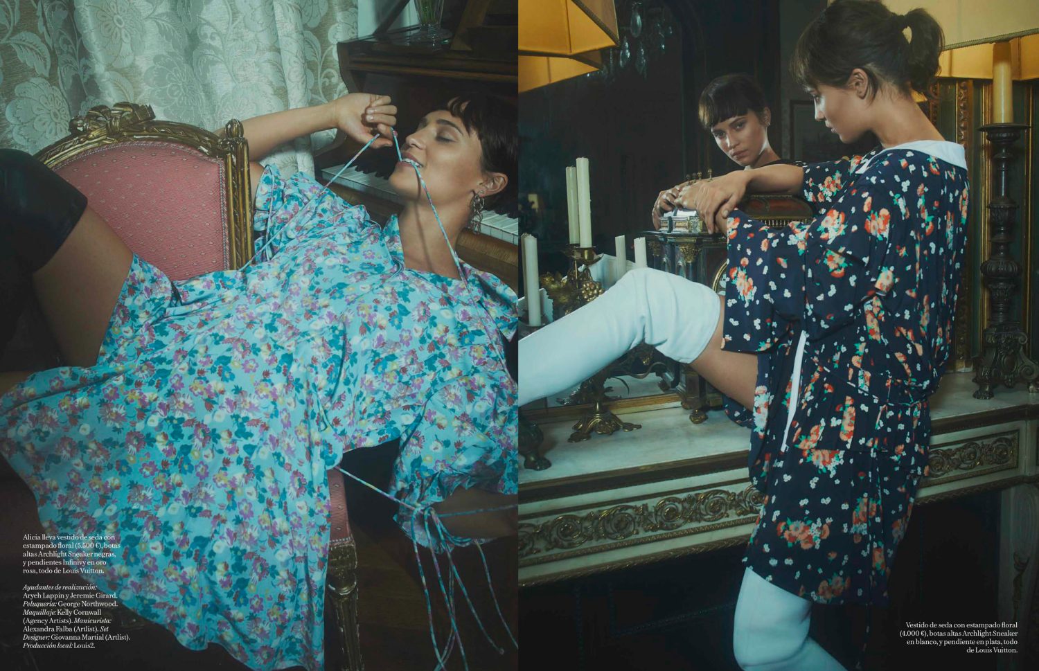 Two women in floral dresses pose indoors. One reclines near a piano while another stands near a mirror with candles and decor.