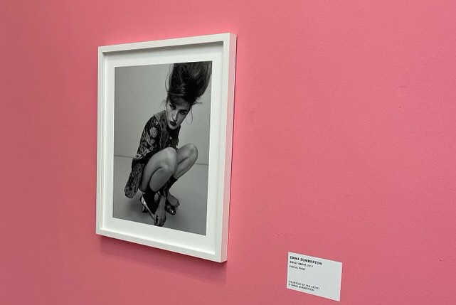 Black-and-white fashion photograph of a crouching woman with a beehive hairstyle, framed and displayed on a pink wall in an art gallery.