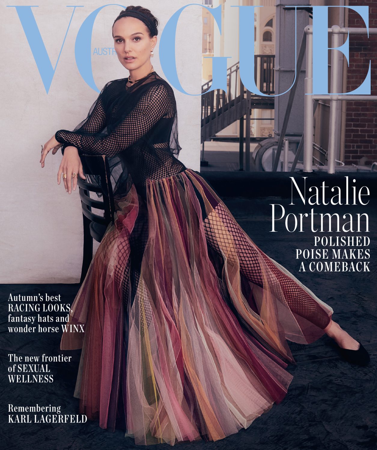 Fashion magazine cover featuring Natalie Portman in a black mesh top and colorful tulle skirt, leaning on a chair with an outdoor background.