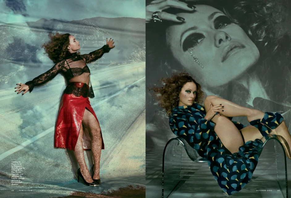 Fashion editorial shot featuring a woman in a black lace top and red skirt lying against a backdrop, and a woman in a blue dress seated.