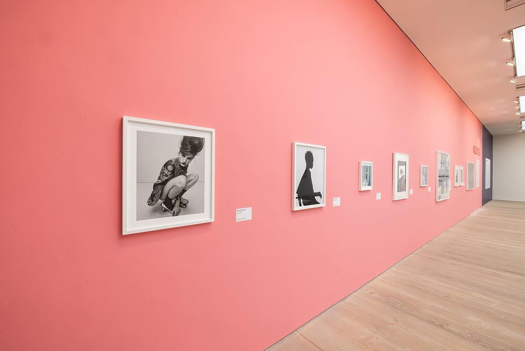 Gallery wall featuring framed black and white photographs with a pink wall in the background and a light wood floor.