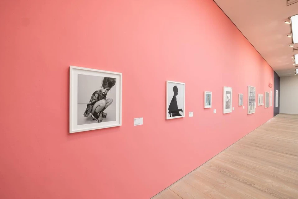 Gallery wall featuring framed black and white photographs with a pink wall in the background and a light wood floor.