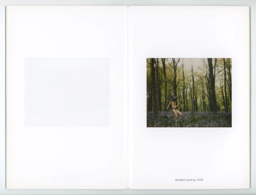 Woman in a hat sits in a forest with bluebells in an artistic, soft-focus fine-art portrait style on a magazine double spread page.