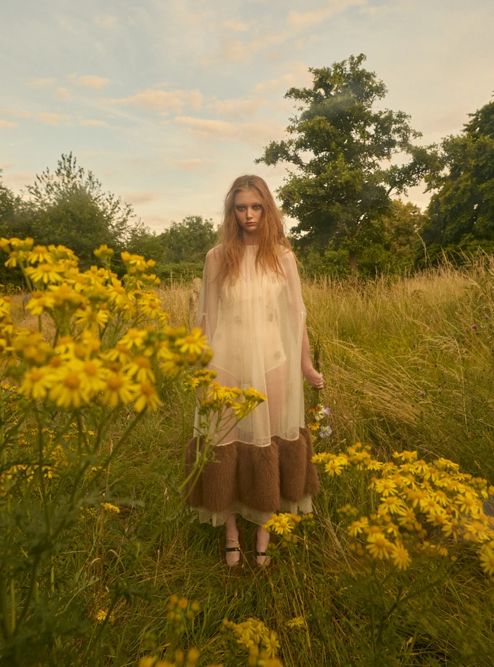 Young woman in a sheer dress standing in a lush grassy meadow filled with bright yellow wildflowers under a soft sky.