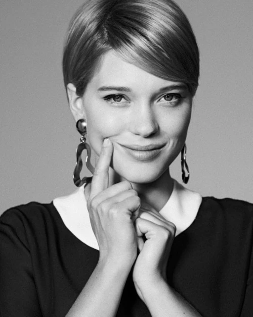 Black and white portrait of an adult woman with a short hairstyle, smiling slightly with a finger touching her cheek.