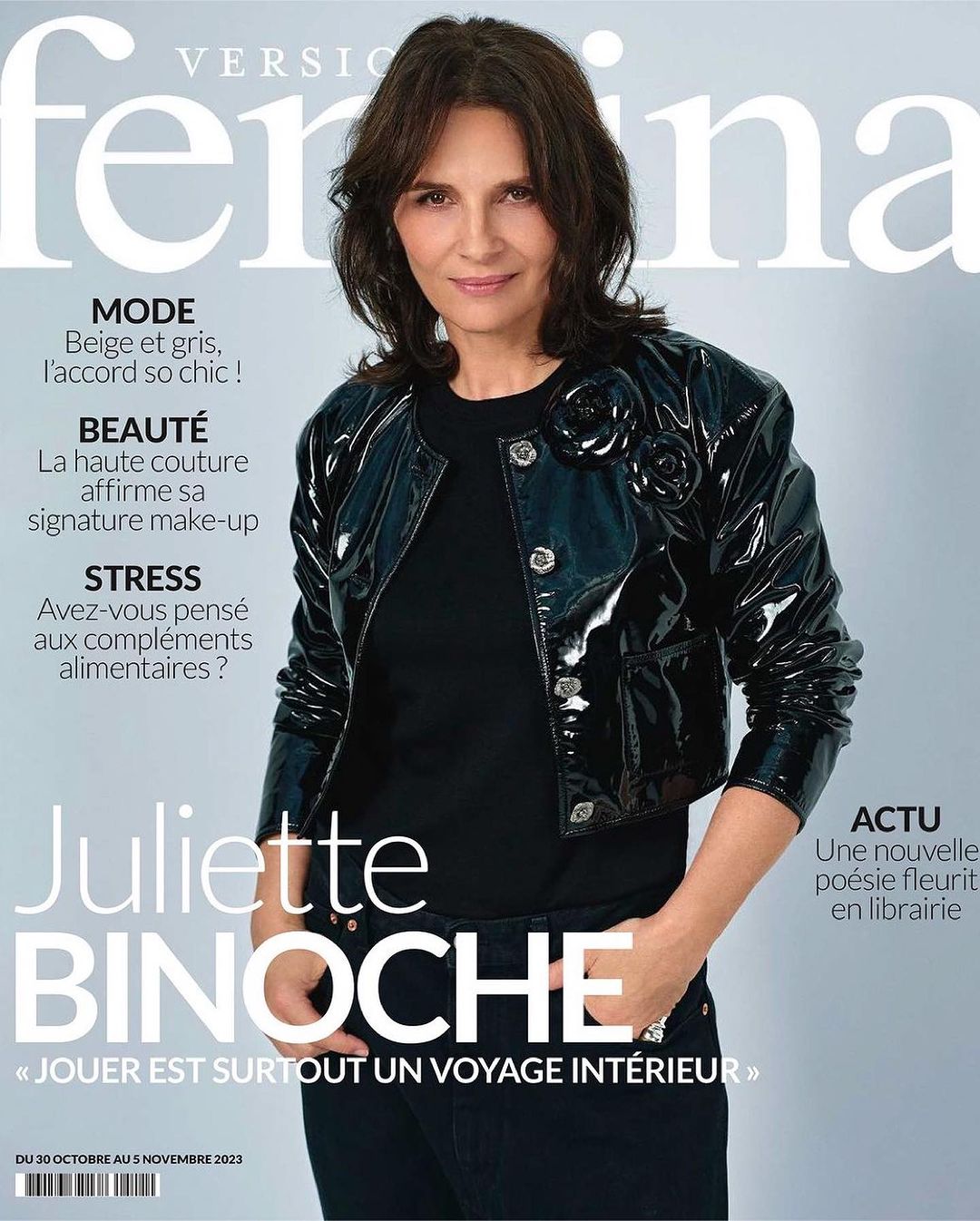 Magazine cover featuring Juliette Binoche in a black jacket, promoting fashion and beauty, with text headlines in French, in a studio setting.