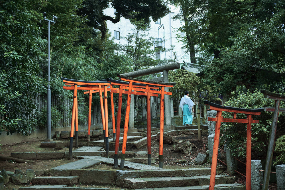 A scenic view of orange torii gates leading up stone steps to a building in Japan, with a woman in traditional dress walking up the path.