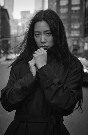 Monochrome portrait of a woman pulling up her coat collar on a city street, photographed by Eric Guillemain.