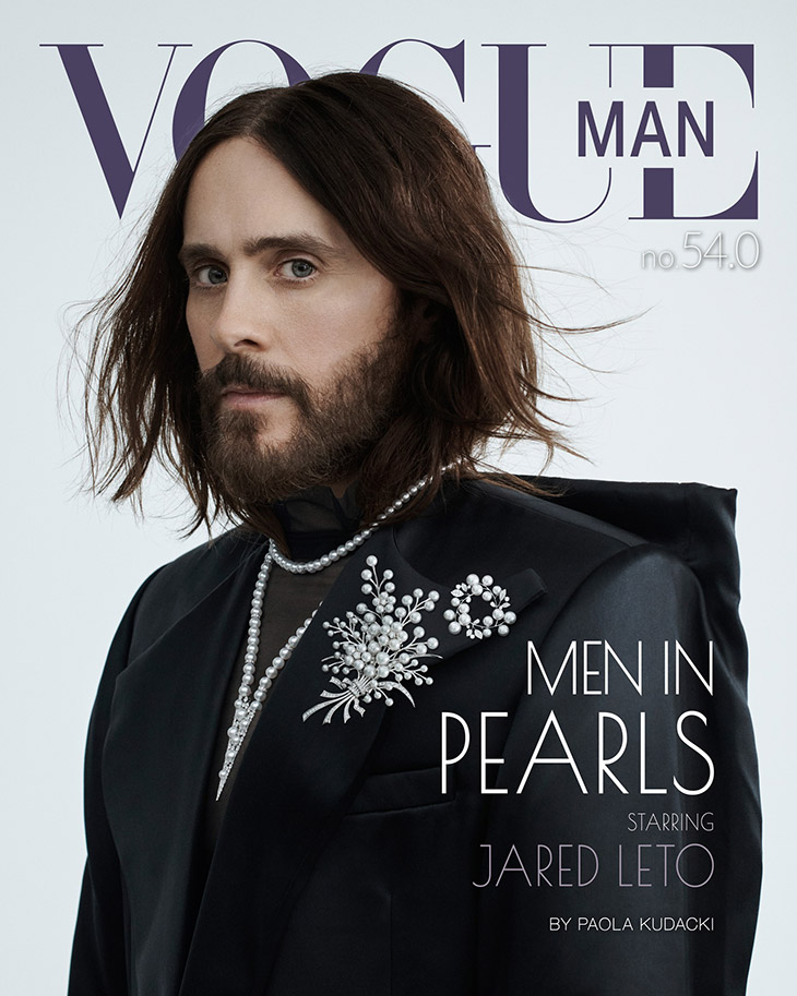 Vogue Man magazine cover featuring Jared Leto in a black jacket and pearl necklaces, with the Vogue logo and 'Men in Pearls' headline.