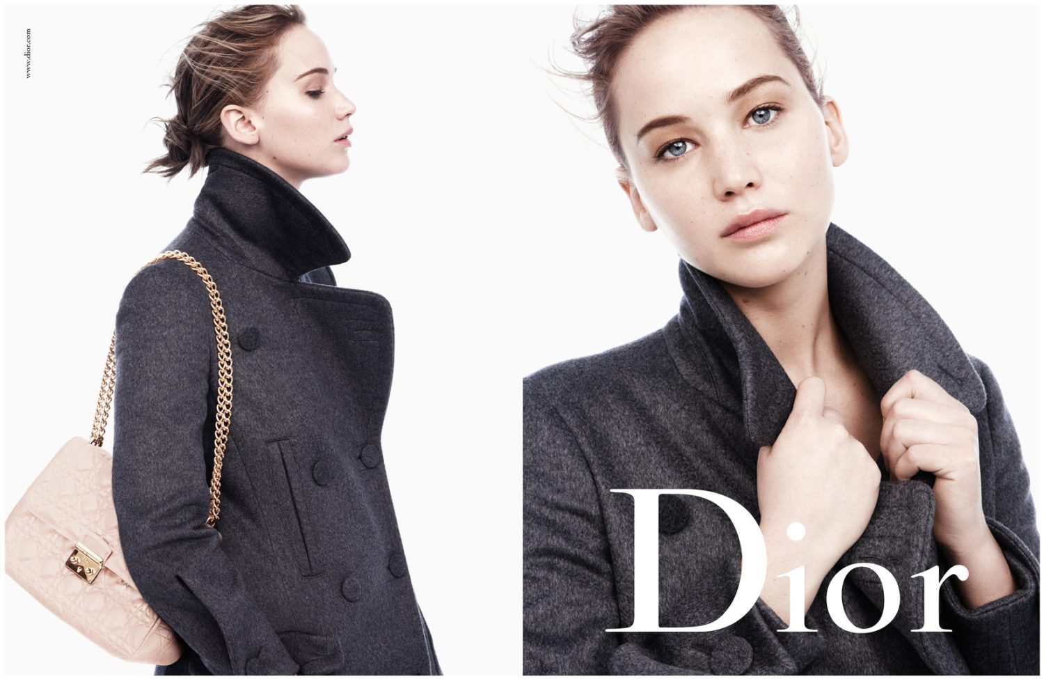 Fashion editorial featuring Jennifer Lawrence wearing a gray coat and a light pink handbag on a white background in a studio shot.