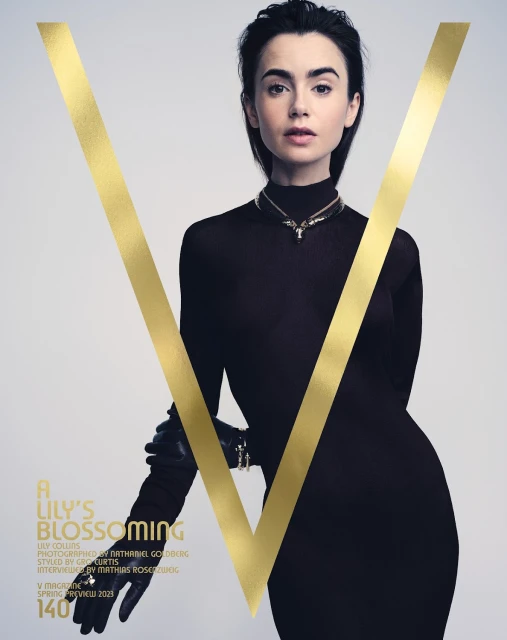Fashion magazine cover featuring a woman in a black turtleneck dress with gold accents, embodying elegance and style.