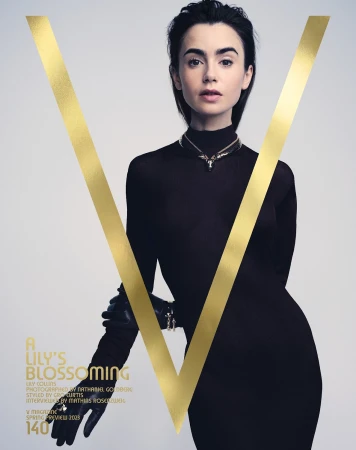 Fashion magazine cover featuring a woman in a black turtleneck dress with gold accents, embodying elegance and style.