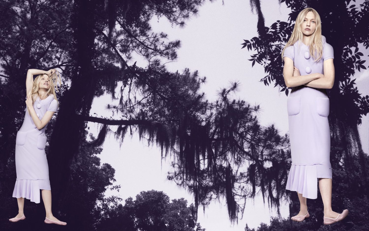 Fashionable woman in a lilac dress strikes a pose amidst a digitally manipulated forest background, creating a surreal, dreamy aesthetic.